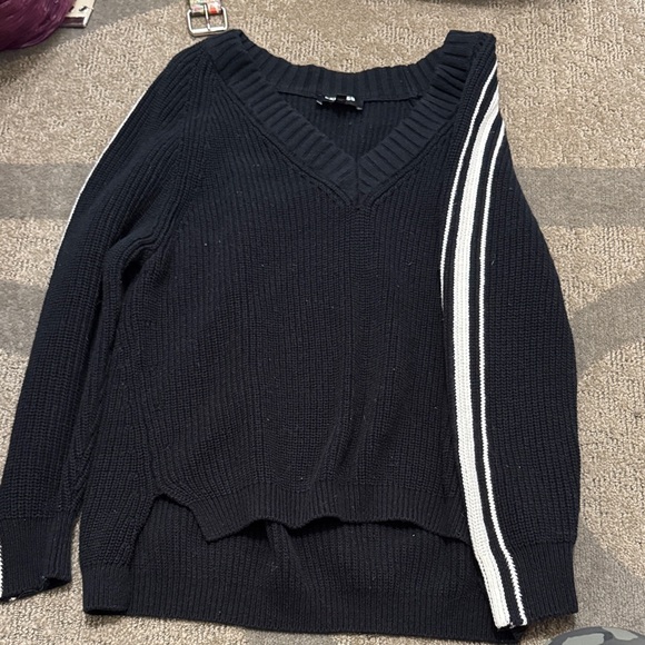 Black V-Neck Sweater with White Stripe on Sleeve - Picture 1 of 1